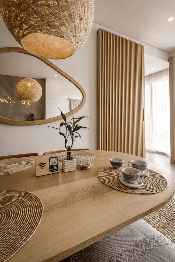 Best Interior Designer in Udaipur – Ruhani Infra (2026 Guide) Stylish Scandinavian-inspired dining room interior with modern decor elements.